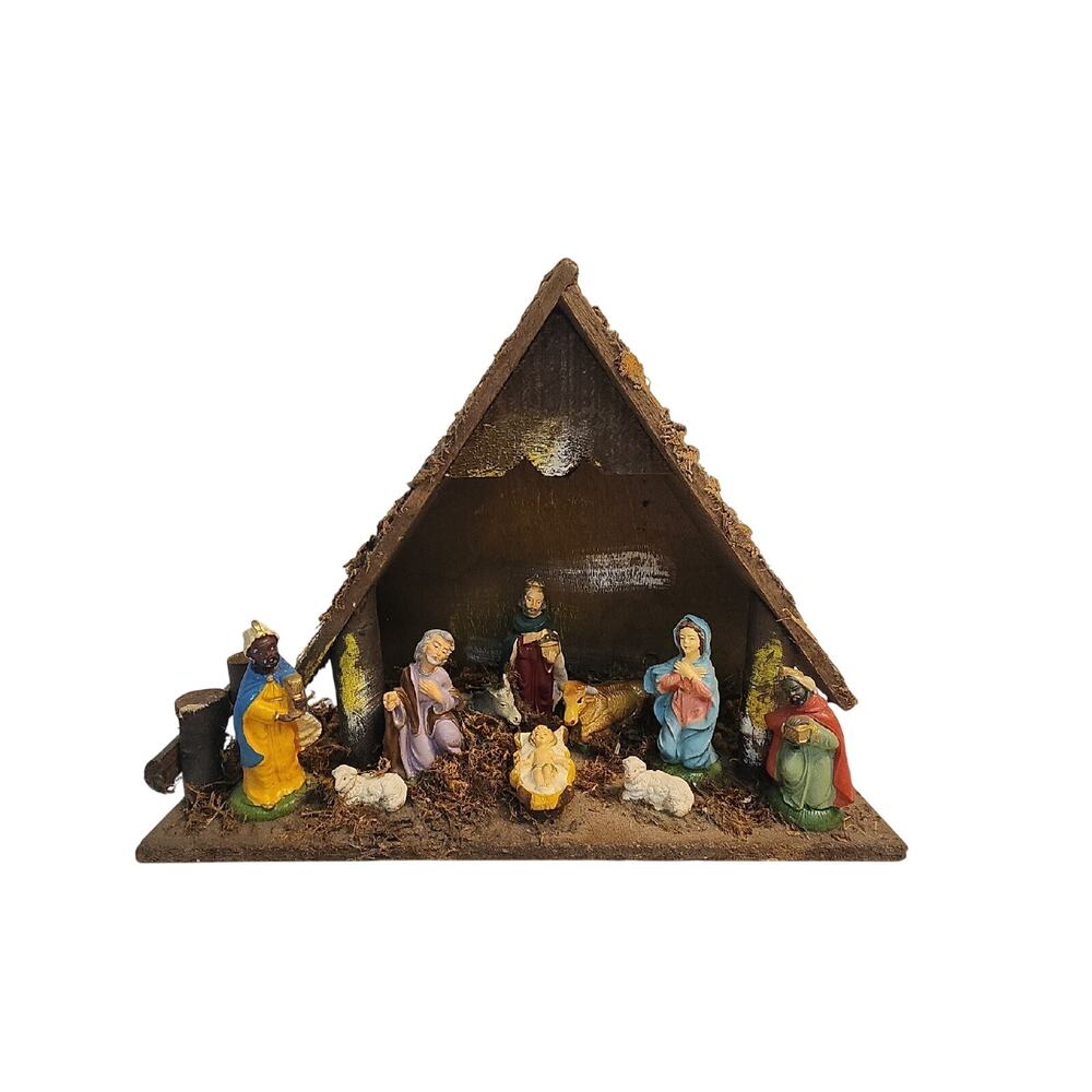 Vintage Italy Nativity Set Jesus In Manger Mary Joseph Wise Men Animals Stable